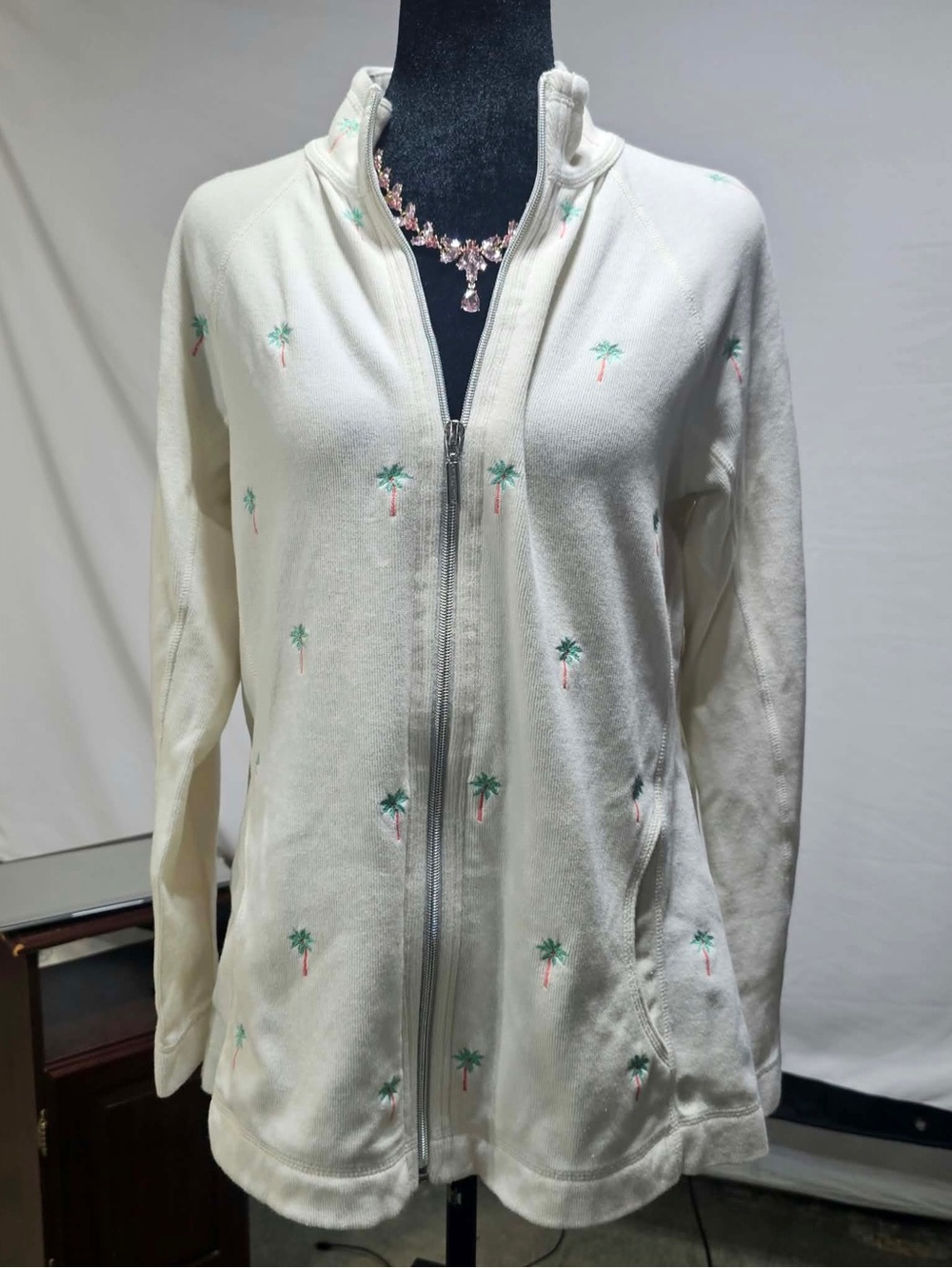 #420 Tommy Bahama Cream Palm Tree Embroidered Full-Zip Jacket Size M